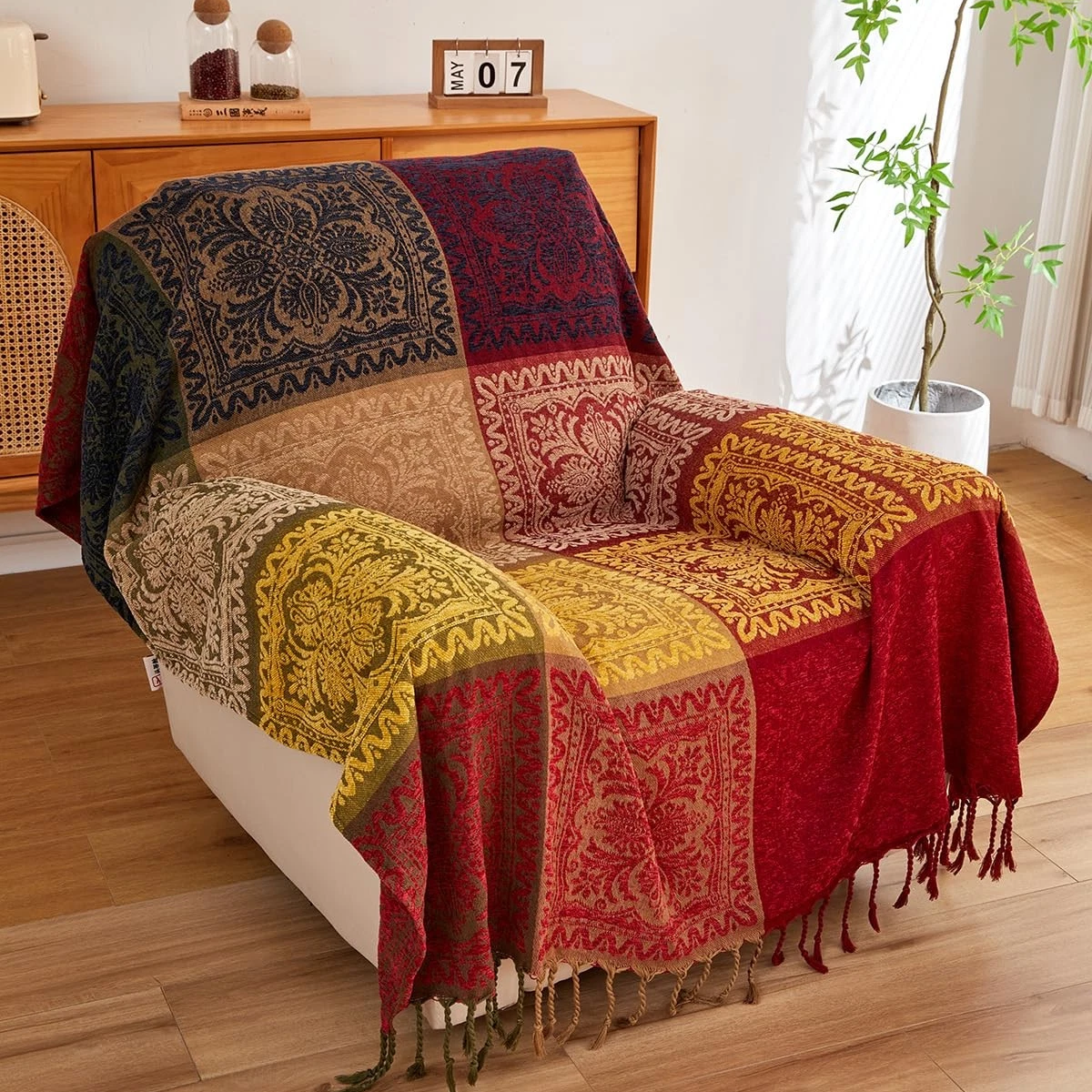 Bahar Red Chenille Blanket Tassel Sofa Cover